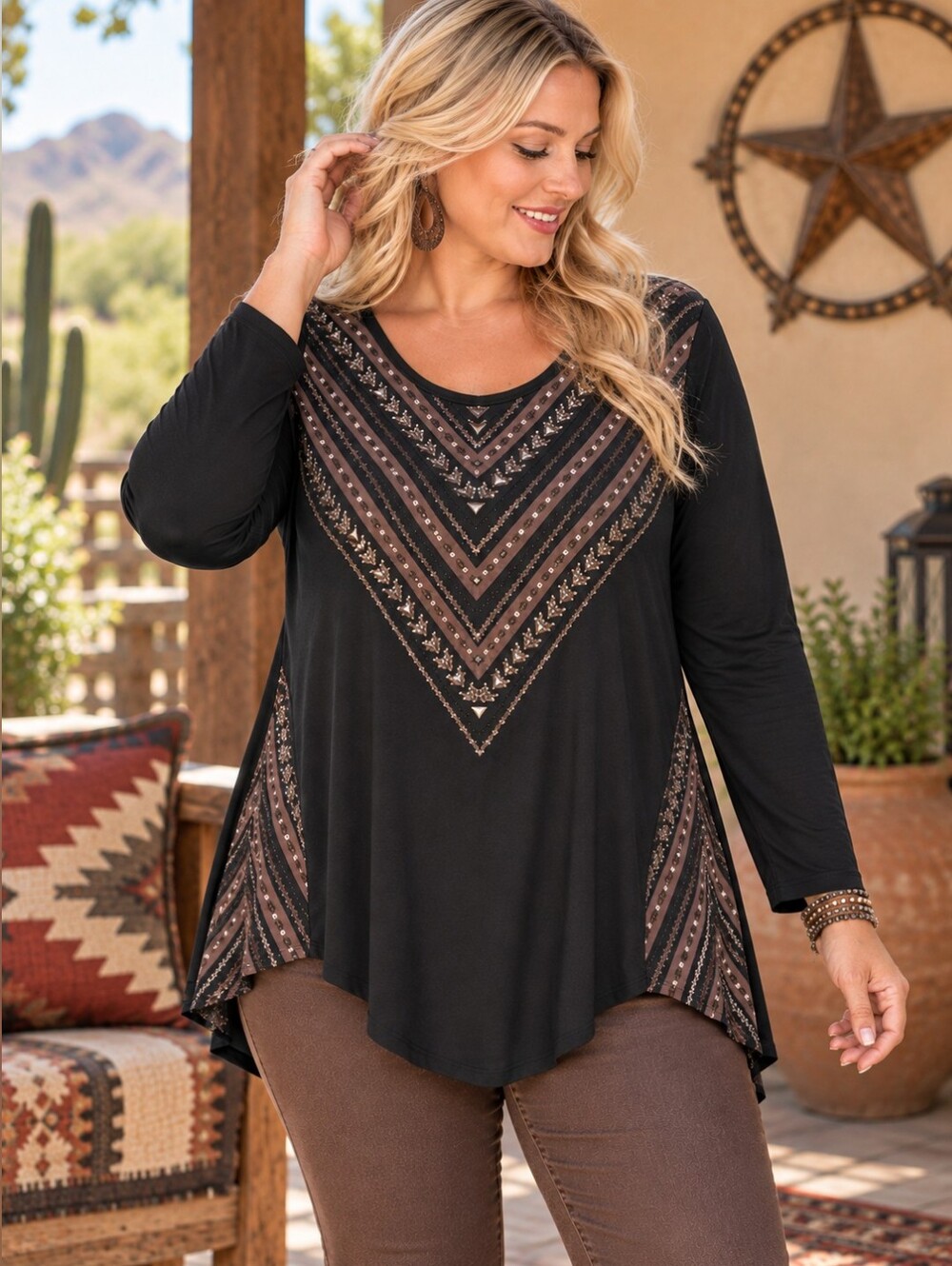 Southwestern Brown Studded Modal Tunic Black  Long Sleeve Top Large